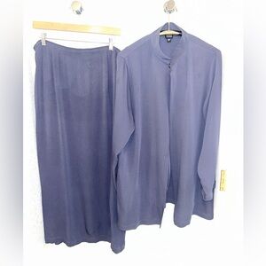 EILEEN FISHER 100% Silk 2-piece Set Cardigan Jacket & Maxi Skirt NAVY SZ: Large